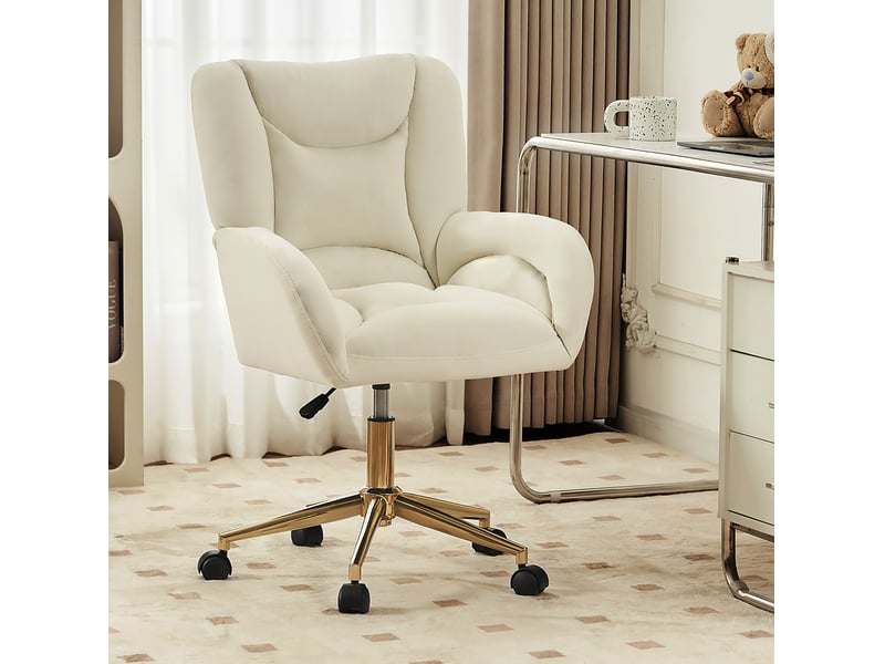  Chaise de bureau en velours beige à hauteur réglable, base métal doré et roulettes 360°, confort au quotidien  - Conforama B