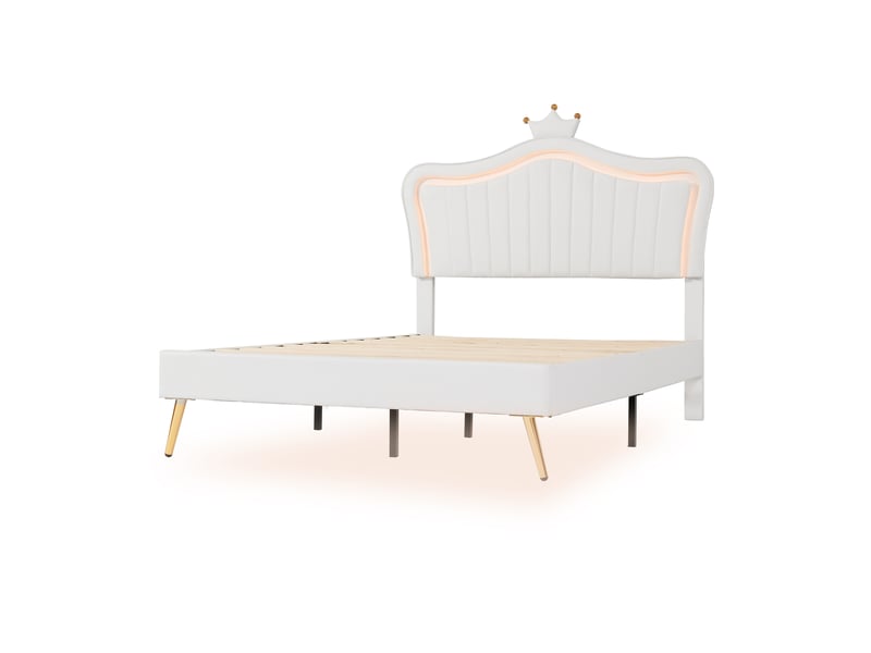 Lit enfant 140x200 cm blanc en similicuir pu, tête de lit couronne, led et sommier à lattes  - Conforama D