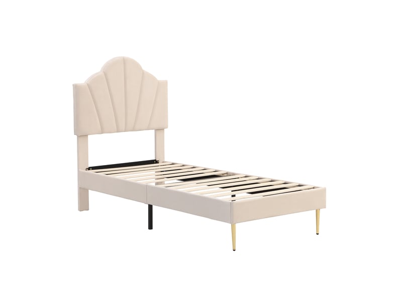  Lit simple 90 × 200 cm, tête coquillage réglable de 120 à 130 cm, sommier à 12 lattes et pieds dorés, velours, beige  - Conforama A