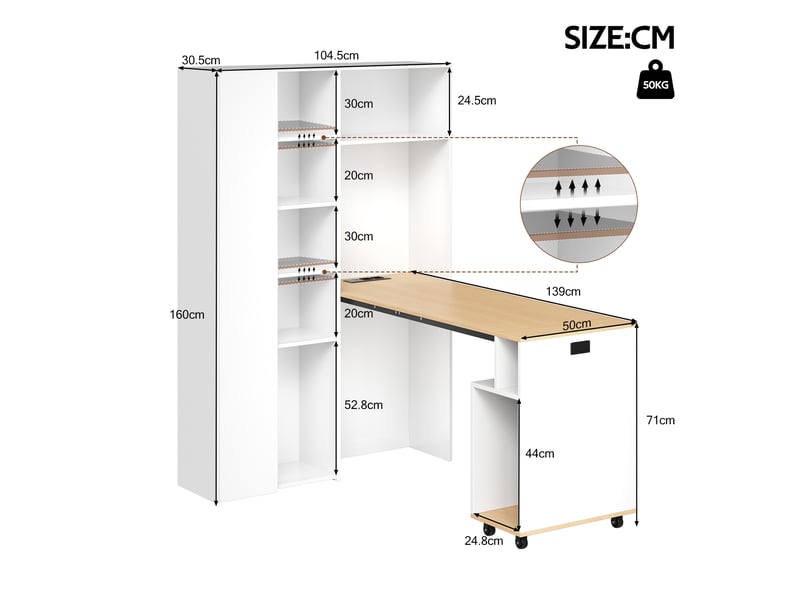 Bureau pliable avec étagère, bureau bibliothèque 2 en 1 blanc avec prise et usb, gain de place pour télétravail, 104x160cm  - Conforama C