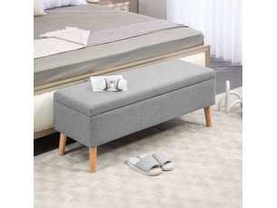 Banc coffre 110x39x45 cm, banc de lit moderne, pieds en bois, assise rectangle, meuble chambre, polyester, gris clair