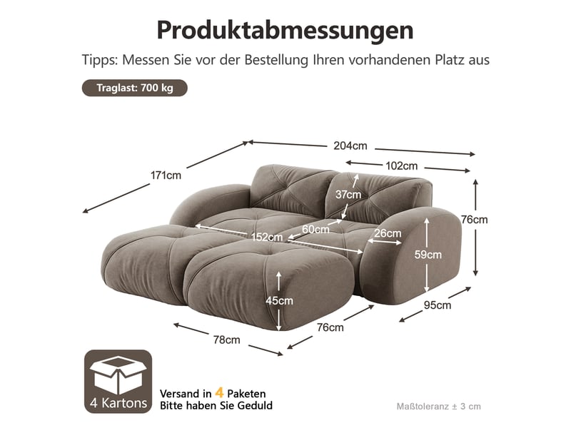  Canapé modulable 2 places en tissu chenille taupe, design sans dossier avec 2 poufs, idéal salon moderne  - Conforama C