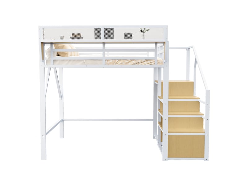  Lit mezzanine 140x200 cm blanc en métal avec échelle de sécurité et rangement modulable  - Conforama A