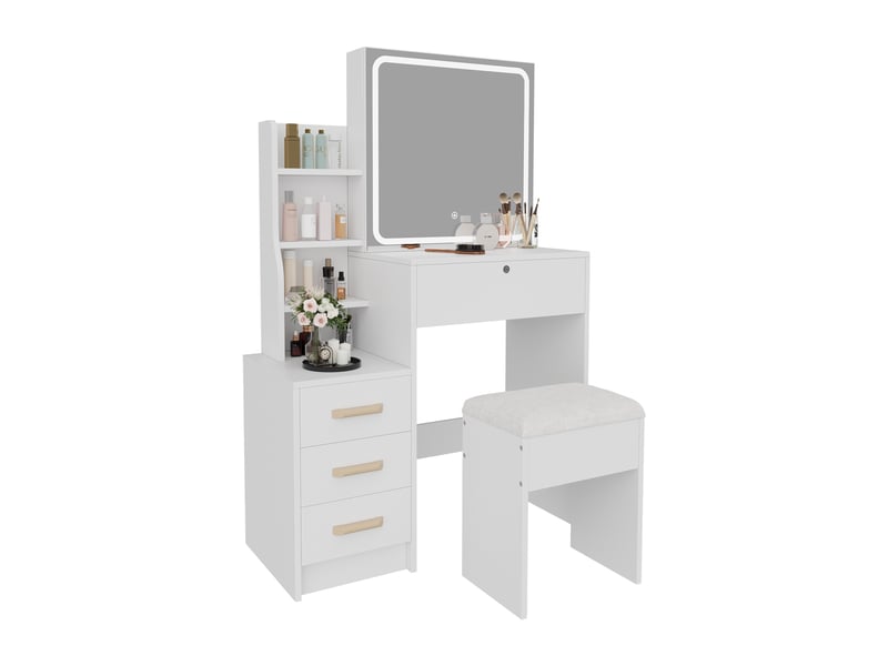  Coiffeuse avec miroir led, avec tabouret et 4 tiroirs, panneaux de particules, meuble coiffeuse chambre moderne l85xh130 cm, blanc  - Conforama A