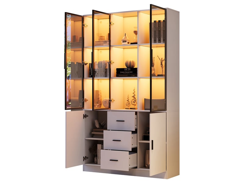  Vitrine 5 portes dont 3 vitrées, 3 tiroirs et led rgb pour salon en panneaux de particules blancs 120 × 30 × 200 cm  - Conforama A