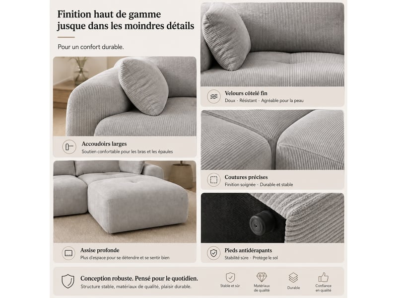  Canapé modulaire à compression, en tissu velours  - Conforama D