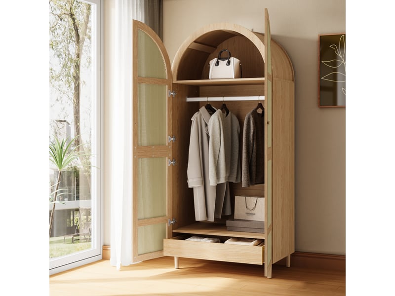  Armoire avec penderie, étagères et tiroirs en rotin pour chambre 80×50×179 cm naturel  - Conforama B