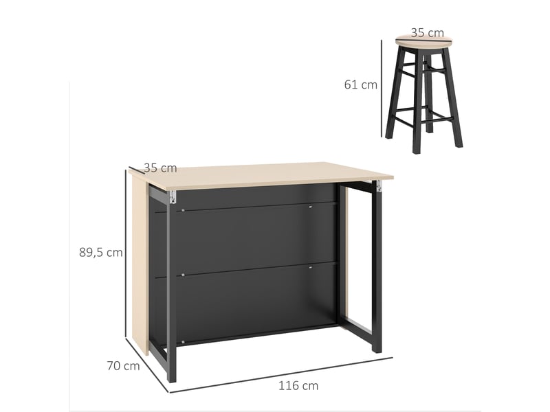  Ensemble bar 3 pièces, table de bar avec plateau rabattable, 2 tabourets de bar, 6 compartiments de rangement, noir et chêne, 116 x 70 x 89,5 cm  - Conforama E