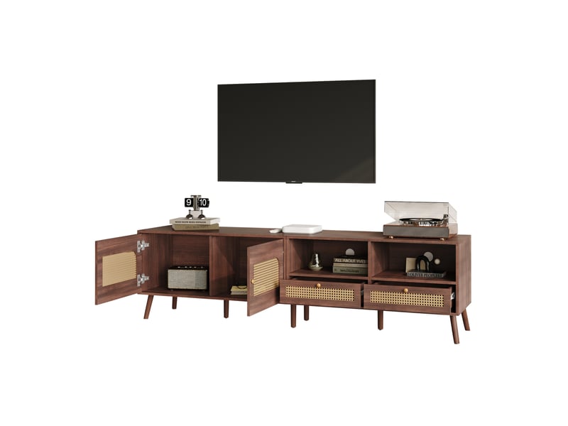  Meuble tv 200x37x49,5cm avec 2 tiroirs et 2 portes, rotin pe, poignées rondes en bois, panneaux de particules, marron  - Conforama E