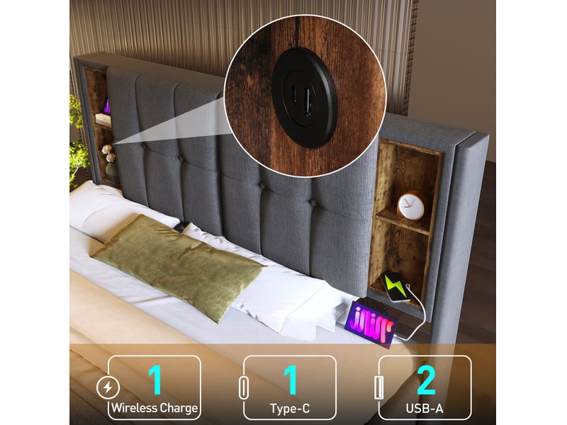  Lit coffre 160 × 200 cm 2 places avec led de charge, usb, type-c et rangement, sans matelas, en coton gris  - Conforama E
