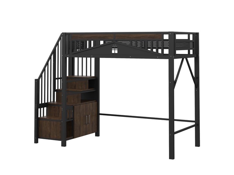  Lit mezzanine enfant 90x200 cm avec rangements sous marches et placard, garde-corps, métal, noir, sans matelas  - Conforama R
