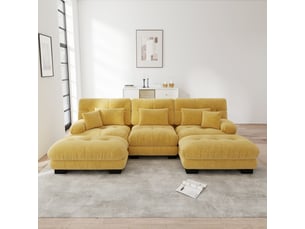 Canapé panoramique, avec couchage d'appoint, avec pouf, en tissu chenille, coloris jaune, l313 x p145 x h81 cm, pour salon