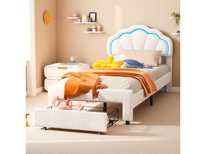  Lit jeune fille 90x200 cm, cadre de lit rembourré velours, tête de lit réglable, éclairage led rgb, tiroirs de rangement sous lit, lit simple pour chambre enfant  - Conforama B