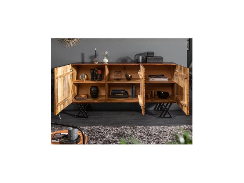  Buffet gaïa 160 cm en bois de manguier massif – 3 portes sculptées et pieds métal noir  - Conforama E