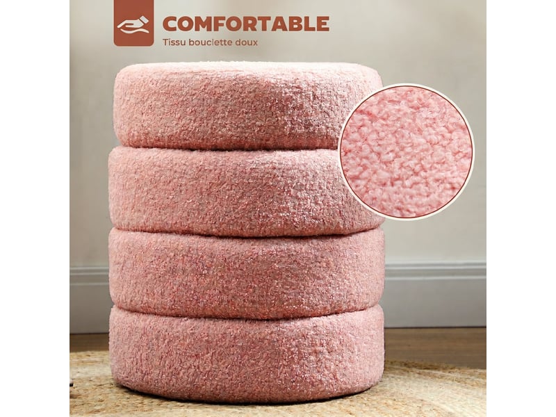  Repose pied salon, tabouret ottoman rond rembourré en peluche teddy, pour chambre à coucher, entrée, ø 40 x 45 cm, rose  - Conforama D