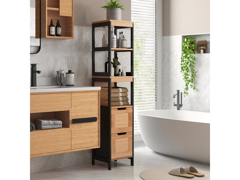  Colonne de salle de bain avec 2 tiroirs et 3 compartiments ouverts, en mdf et bambou, 30 x 30 x 144,3 cm  - Conforama C
