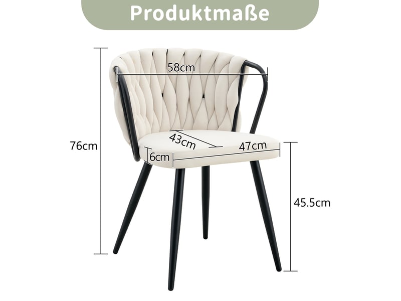  Chaise de salle à manger en velours avec dossier tressé ergonomique et pieds métalliques noirs, beige  - Conforama D