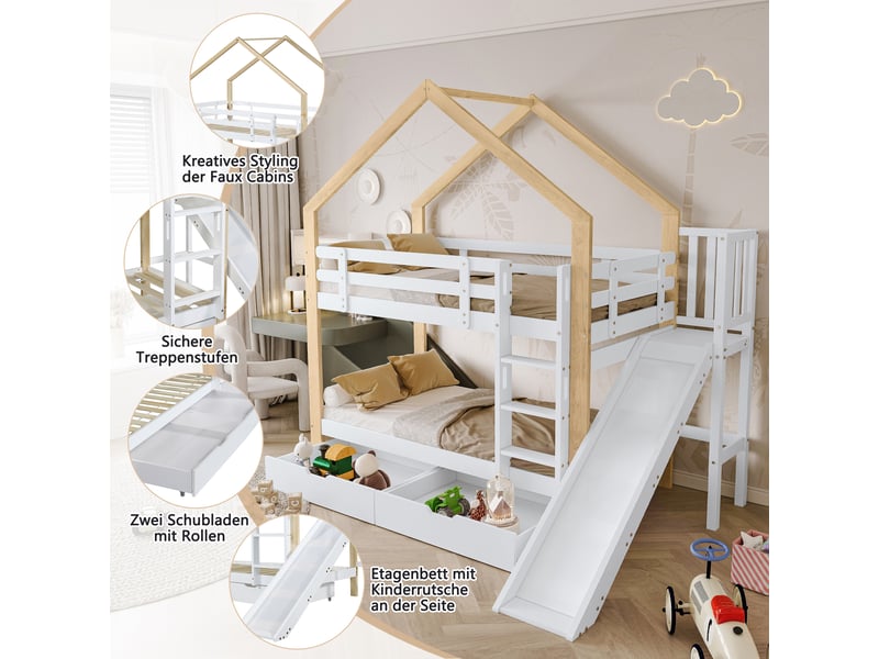 Lit superposé 90 × 200 cm 2 places avec toboggan, 2 tiroirs et barrières, sans matelas, blanc et naturel - Conforama E