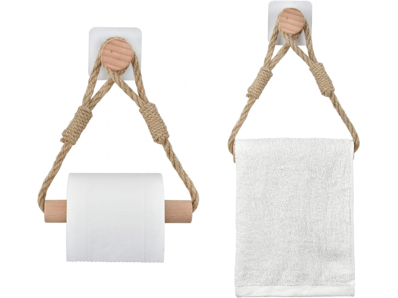  Support auto-adhésif pour porte-papier toilette, anneau porte-serviettes en corde de bois, style rustique  - Conforama C