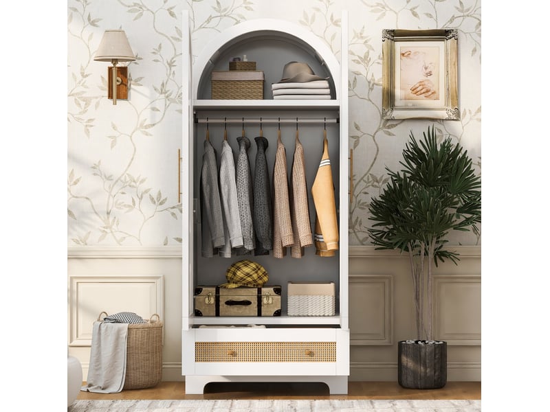  Armoire 2 portes 70 x 55 x 170 cm avec 2 tiroirs, portes effet rotin blanches  - Conforama E