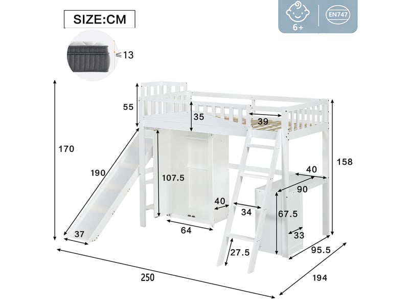 Lit surélevé enfant 90x200 cm avec toboggan, bureau, armoire et rangements, blanc - Conforama C