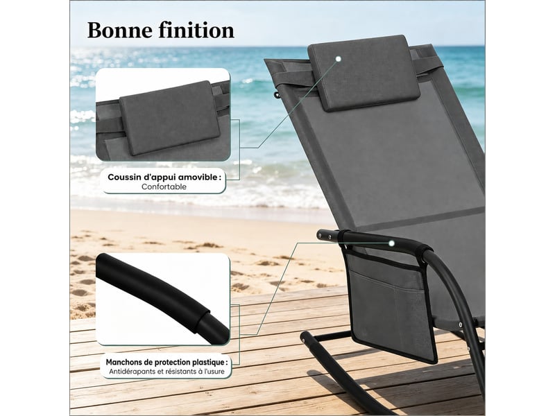 Fauteuil relaxant à bascule extérieur 152x62x83 cm – gris – poche latérale et appui-tête ergonomique - Conforama D