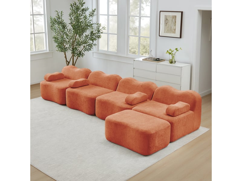 Canapé d'angle modulaire 4 places en velours orange - mousse 32d avec pouf, sans montage - Conforama B