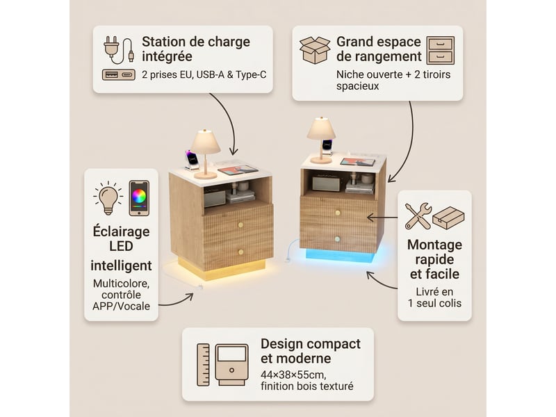 Lot de 2 tables de chevet 44x38x55cm avec led et station de charge, 2 tiroirs, en bois, chêne - Conforama C