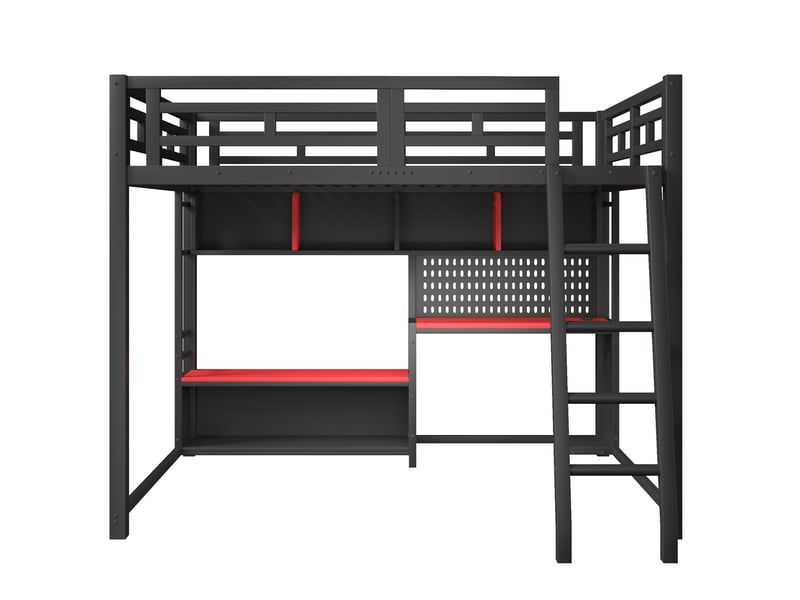  Lit mezzanine 140x200 cm noir en métal et mdf, bureau led rgb avec étagères pour chambre d'adolescent  - Conforama D