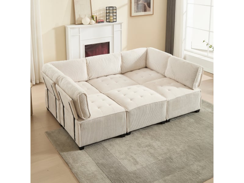  Canapé d'angle convertible, canapé 6 places, repose-pieds, en velours côtelé, beige  - Conforama B