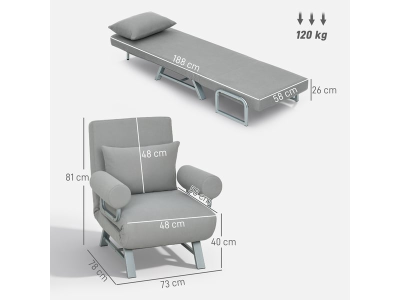 Fauteuil chauffeuse convertible inclinable coussin lombaires accoudoirs piètement métal lin gris clair - Conforama C