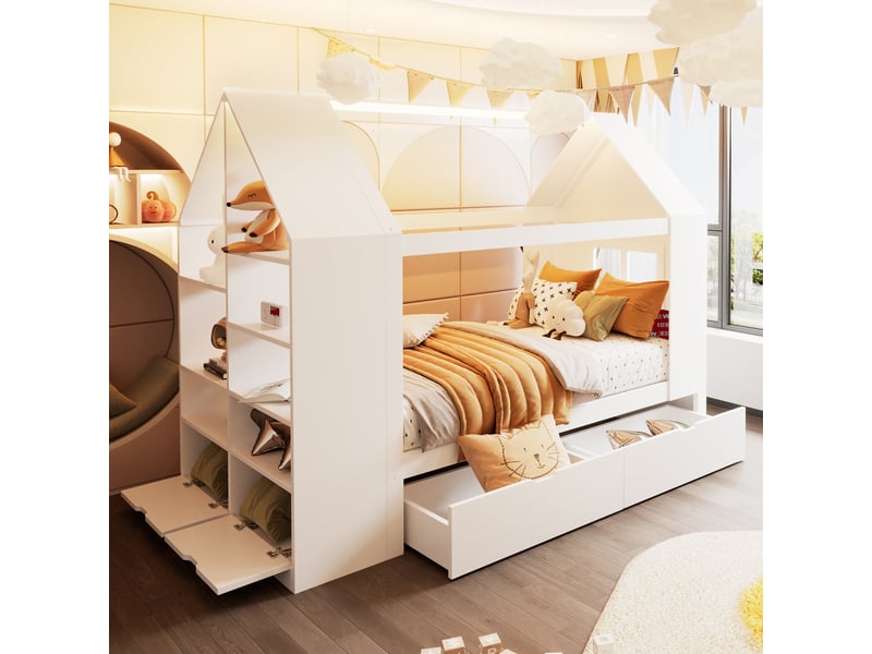  Lit cabane 90x200 cm, lit enfant, 2 tiroirs, led, forme maison, bois blanc  - Conforama W