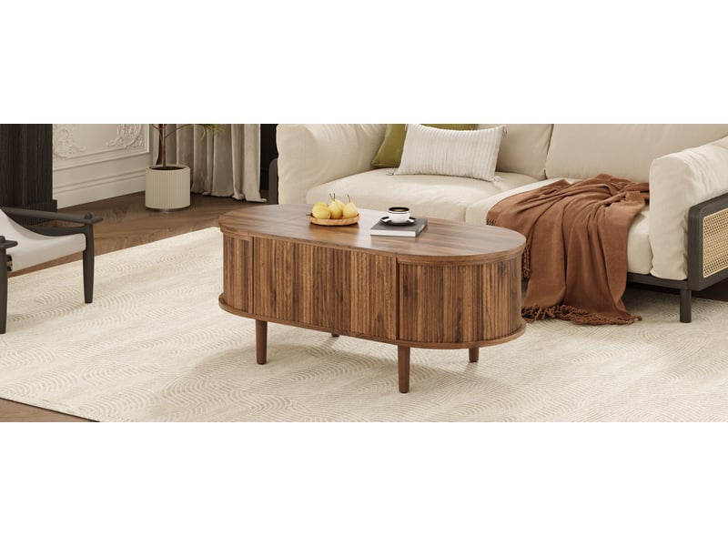  Table basse ovale relevable avec rangement - lpospi - plateaux rabattables, pieds en bois massif mdf noyer  - Conforama E