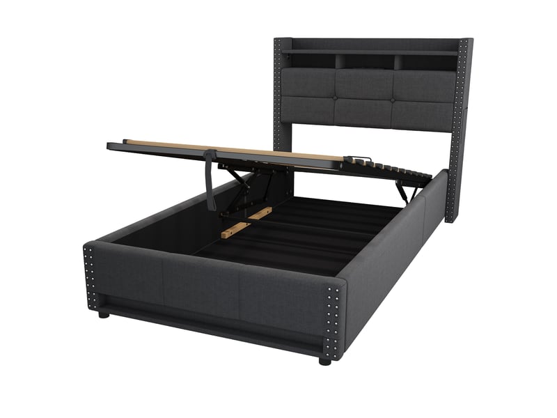  Lit coffre 90x200 cm gris foncé en tissu lin, led, ports usb et sommier inclus  - Conforama D