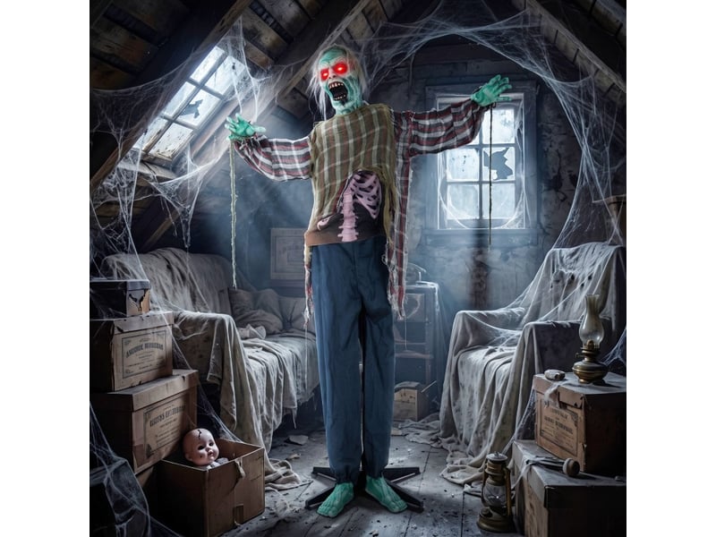 Zombie animé halloween 170 cm rouge, yeux led et activation sonore et tactile, décoration sur pied - Conforama C