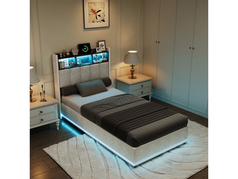  Lit coffre 90x200 cm -lit capitonné simple  - lit rembourré avec rangement hydraulique - usb et led  - Conforama B