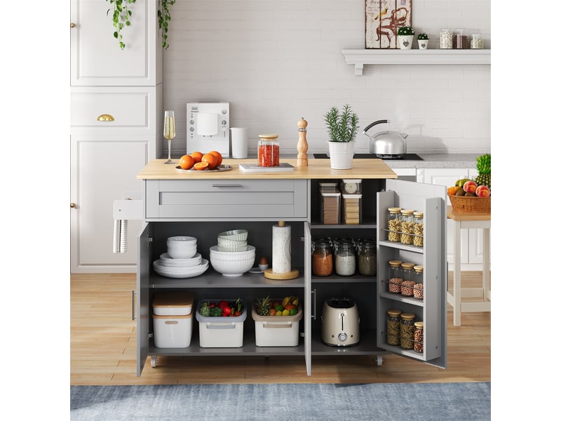  Îlot de cuisine mobile grise 132.5 x 44 x 90 cm – îlot roulant avec plan rabattable imitation chêne, 5 roulettes dont 2 freinées TG Store - Conforama D