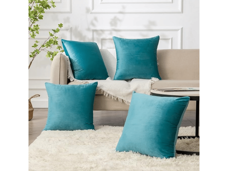  Housses de coussin décoratives en velours doux de qualité supérieure pour canapé - lit, lot de 4, bleu sarcelle, 45 x 45 cm  - Conforama B