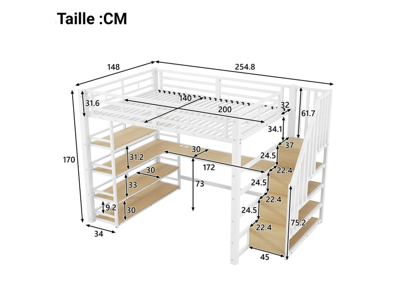  Lit mezzanine 140x200 cm en métal blanc avec escalier, bureau intégré, rangements, station de charge usb et éclairage led  - Conforama C