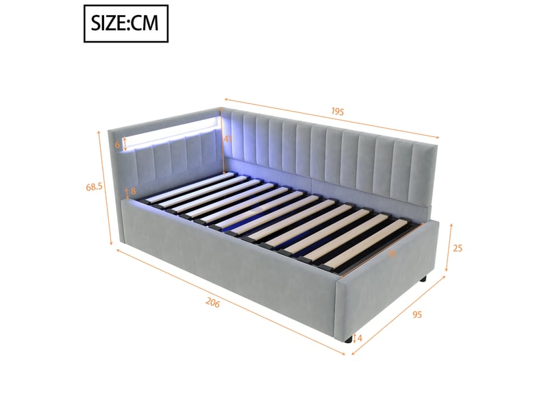  Lit banquette coffre 90x200 cm led en velours gris clair  - Conforama E