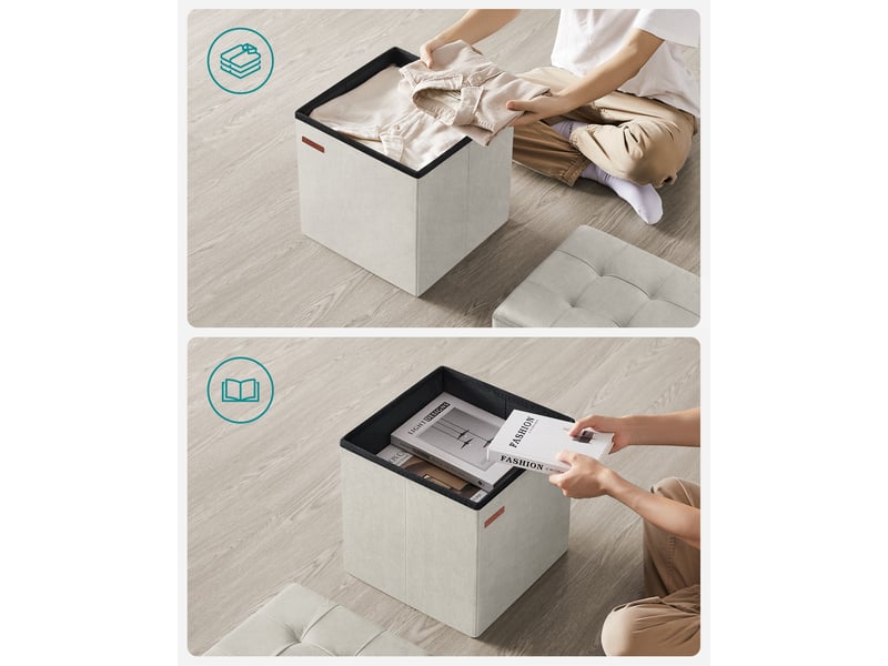 Banc de rangement, boîte pliable en velours, repose-pieds avec couvercle, 38 x 38 x 38 cm, capacité de charge 300 kg, pour couloir, salon, chambre, blanc crème - Conforama E