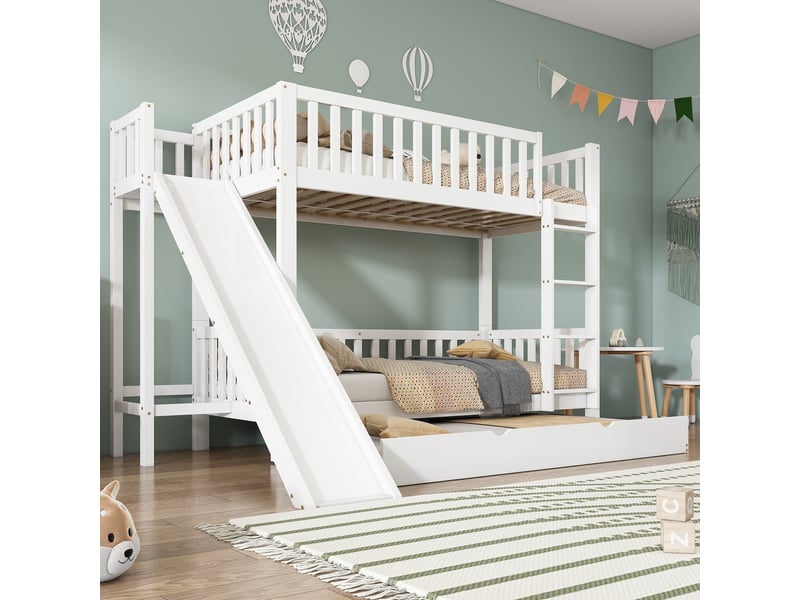  Lit étagé enfant 90x200190 cm blanc, couchage coulissant, toboggan, étagères et échelle  - Conforama E