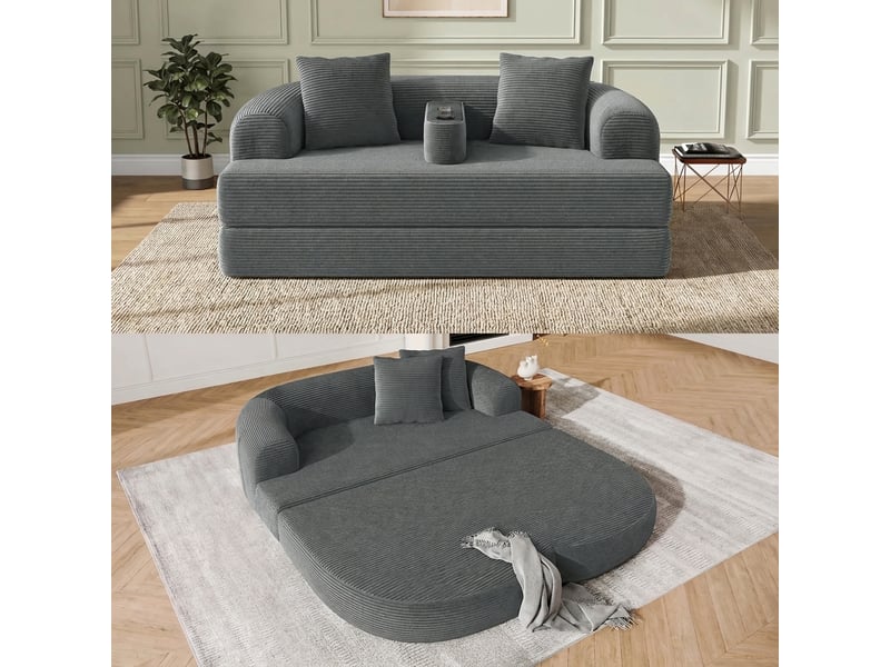  Canapé 2 places velours côtelé gris foncé, canapé de sol pliable avec porte-gobelet, 184x176x47cm  - Conforama B