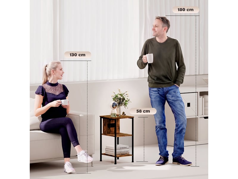  Table d'appoint avec station de charge, bout de canapé étroit avec 2 étagères ouvertes, style industriel, brun rustique  - Conforama D
