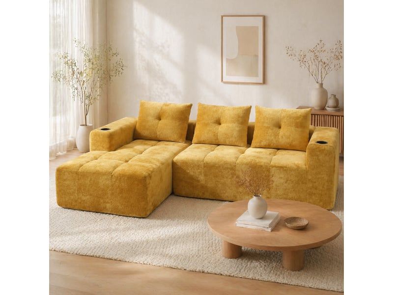  Canapé d’angle 4 à 5 places avec porte-gobelets  - assise profonde en chenille jaune 258 × 163 × 68 cm  - Conforama C