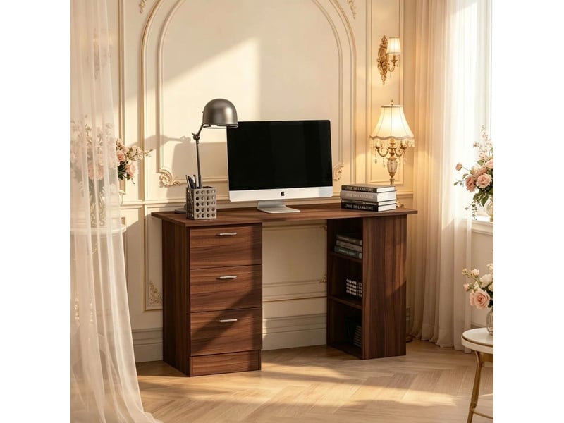  Bureau informatique noyer 120 cm avec 3 tiroirs et étagères réversibles  - Conforama B
