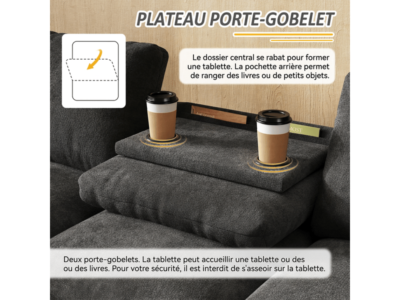  Canapé d'angle en chenille gris 4 places avec rangement - table rabattable, usb &amp; porte-gobelets  - Conforama W