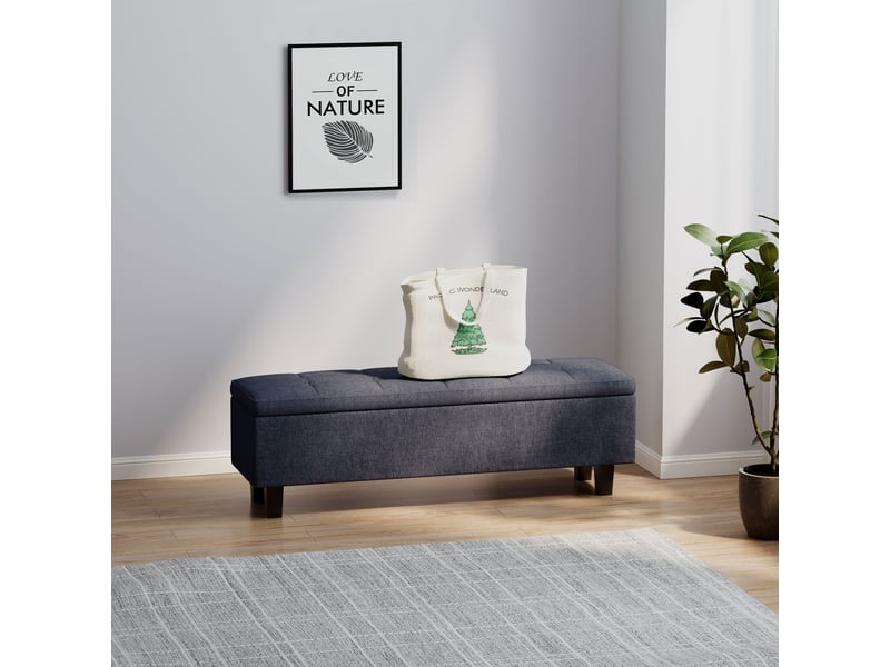  Banc de rangement aspect lin, pieds en hévéa, pour salon, chambre, entrée, gris foncé  - Conforama D