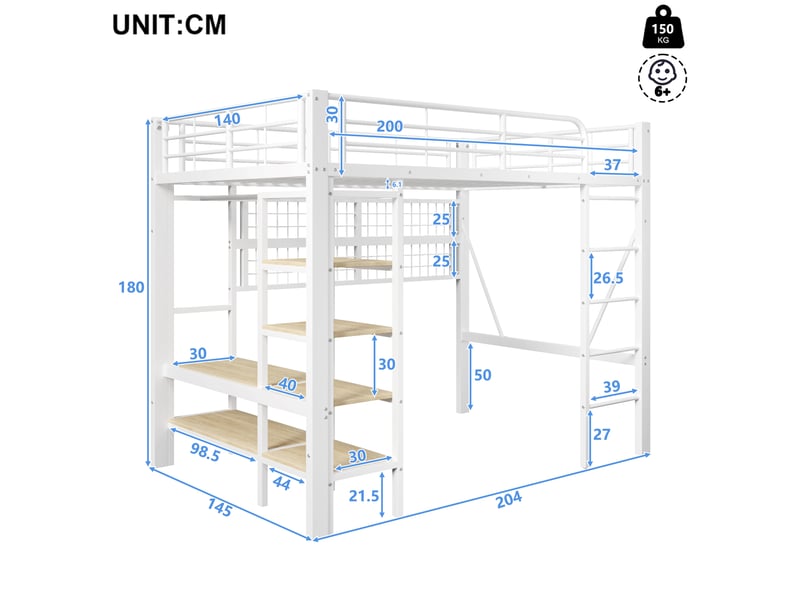  Lit mezzanine 140x200 cm blanc avec led, penderie, filet de rangement et espace ouvert  - Conforama C