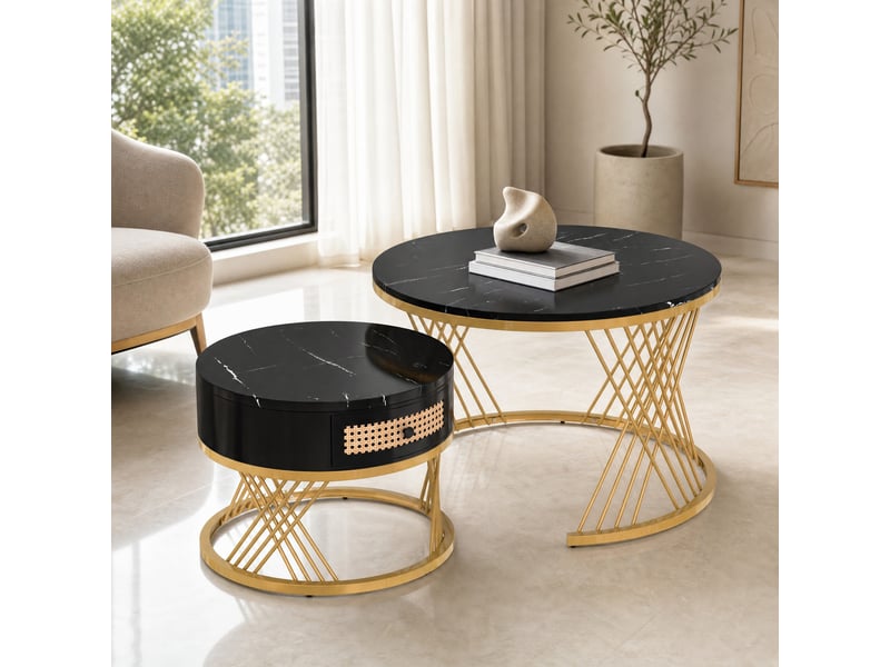  Lot de 2 tables basses rondes gigognes avec tiroir, effet marbre noir et pieds dorés  - Conforama C
